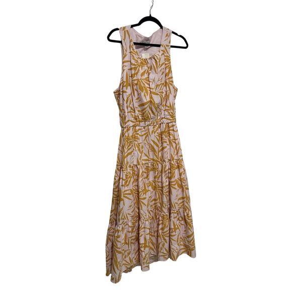 On-34th XXL Pink and Yellow Leaf Print Summer Midi Dress, Open Back, NWT - Picture 1 of 16